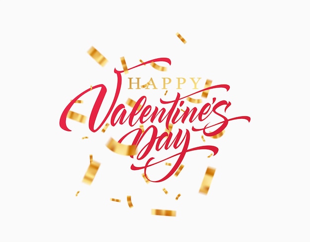 Belettering Happy Valentines day met gouden glinsterende confetti geïsoleerd op een witte achtergrond. Vectorillustratie Eps10