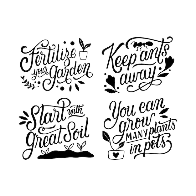 Gratis vector belettering plantenverzorging en tuinieren stickers collectie