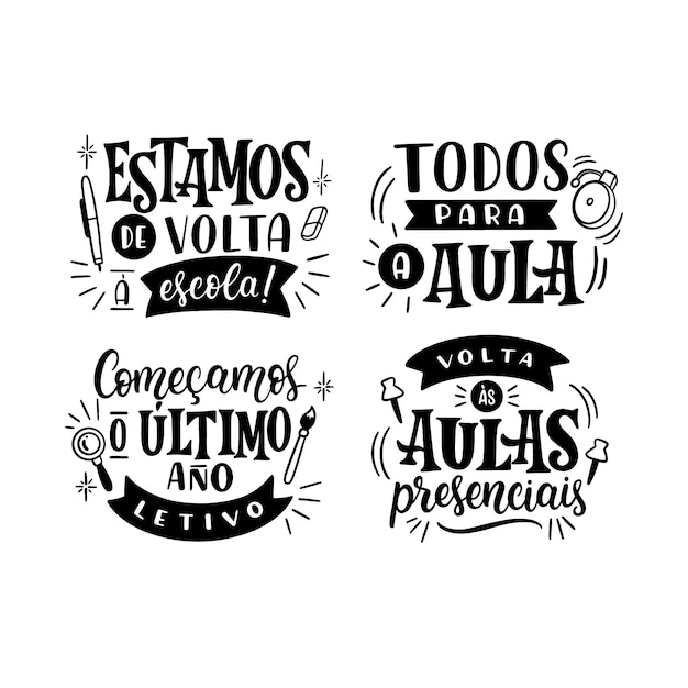 Gratis vector belettering terug naar school in portugese stickerscollectie