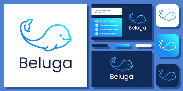 Beluga eenvoudige dierlijke walvis oceaan onderwater vis wildlife logo ontwerp met sjabloon voor visitekaartjes