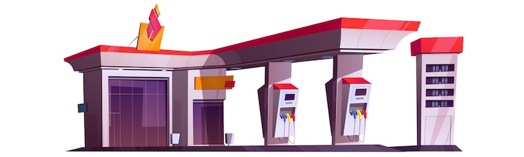 Gratis Vector benzinestation met oliepomp en markt