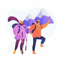 Gratis vector berg expeditie. reislust en gevoel voor avontuur. backpacker op vakantie, toeristen wandelen, reizigers klimmen. wandelen op de bergtop.