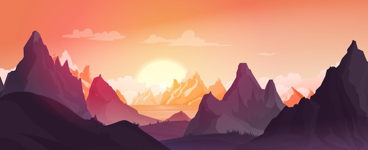 Gratis Vector bergenlandschap tijdens zonsondergangachtergrond met meer zonovergoten en donkere pieken vlakke vectorillustratie