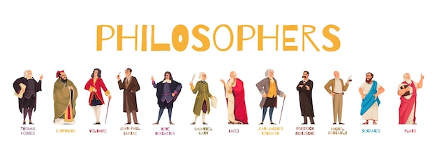 Gratis vector beroemde filosofen en wetenschappers horizontale set zoals rene descartes thomas hobbes jean jacques rousseau michel foucault geïsoleerde vectorillustratie