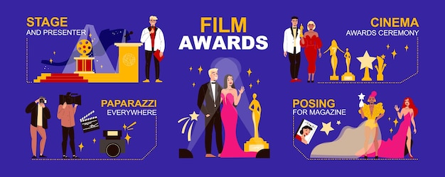 Beroemdheden infographic set met prijzen en paparazzi symbolen platte vectorillustratie