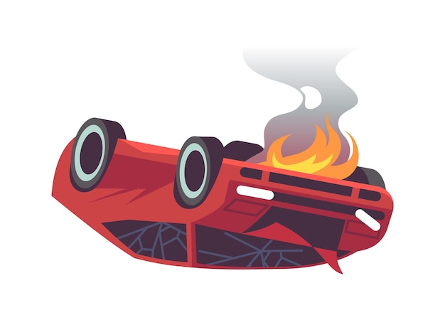 Beschadigde platte auto. auto-ongeluk op de weg, brandende defecte transportramp voertuig, gebroken ramen met vuur en donkere rook vector auto-ongeluk geïsoleerd op een witte achtergrond cartoon afbeelding