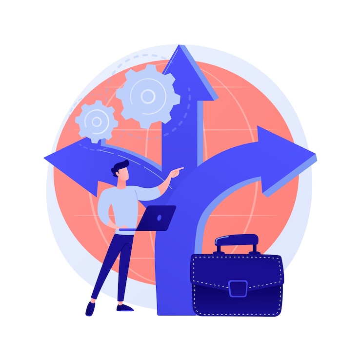 Gratis Vector besluitvormingsproces nemen. oplossing vinden, belangrijke keuze, kansen analyseren. zakenman op kruispunt richting kiezen, strategie overwegen.