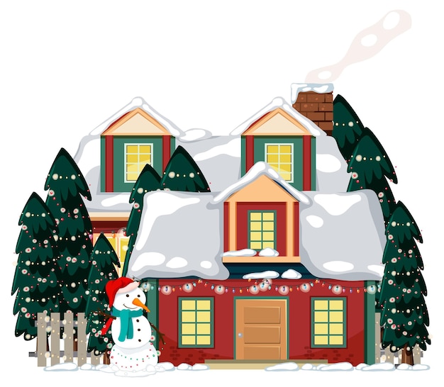 Besneeuwd huis met een sneeuwpop en bomen