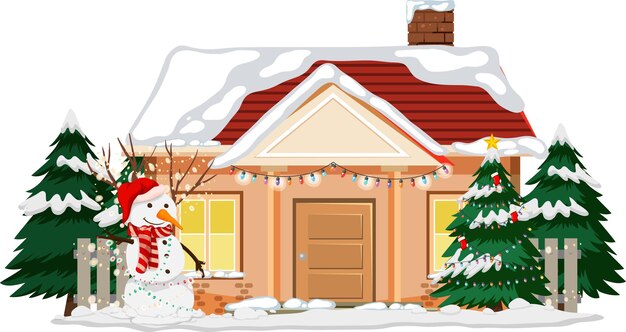 Gratis vector besneeuwd huis met kerstlichtsnoer