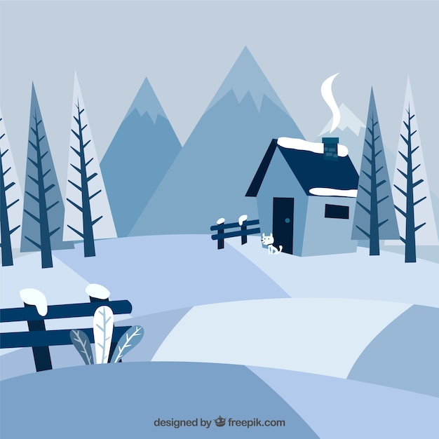 Gratis vector besneeuwde landschap achtergrond in plat design