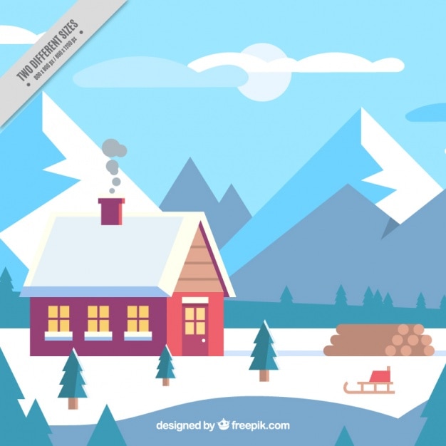 Gratis vector besneeuwde landschap achtergrond met schattige huis in plat design