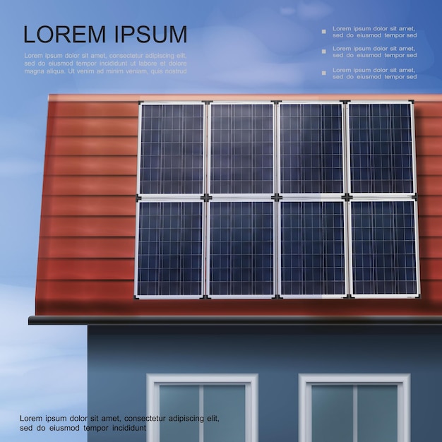 Gratis vector bespaar energie moderne kleurrijke poster met zonnepanelen op dak van eco-huis in realistische stijl