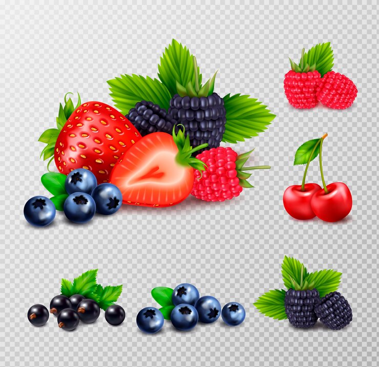 Gratis Vector bessenfruit realistische set met trossen van rijpe bessen en groene bladeren afbeeldingen op transparante achtergrond
