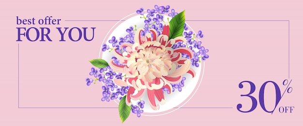 Beste aanbieding voor u dertig procent korting banner met kleurrijke bloemen en witte cirkel