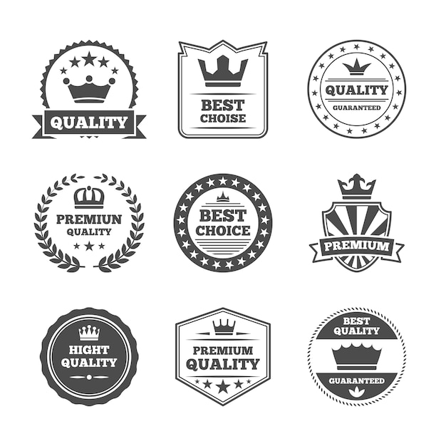 Beste kwaliteit hoge premium waarde superieure merken individuele labels met koninklijke kroon embleems collectie geïsoleerde vector illustratie