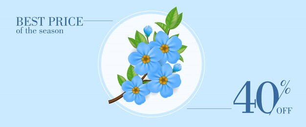 Beste prijs van het seizoen veertig procent korting banner met blauwe bloemen in ronde frame