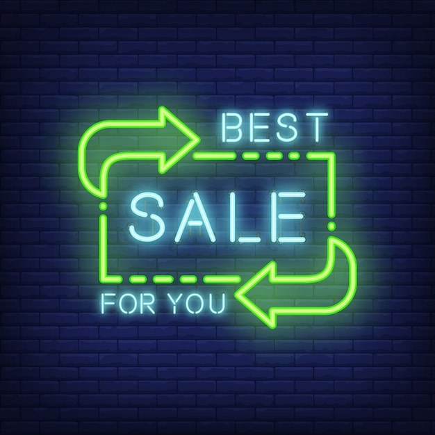 Gratis vector beste verkoop voor u belettering in neon-stijl. gloeiende tekst en groene richting