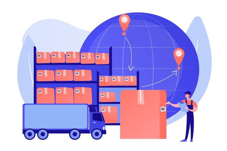 Gratis Vector bestel wereldwijde bezorgservice. opslag van magazijnproducten. transitmagazijn, douane-entrepot, overdrachtsproces van goederenconcept. roze koraal bluevector geïsoleerde illustratie