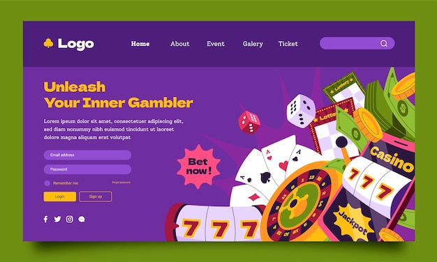 Gratis vector bestemmingspaginasjabloon voor casino-avond en gokken