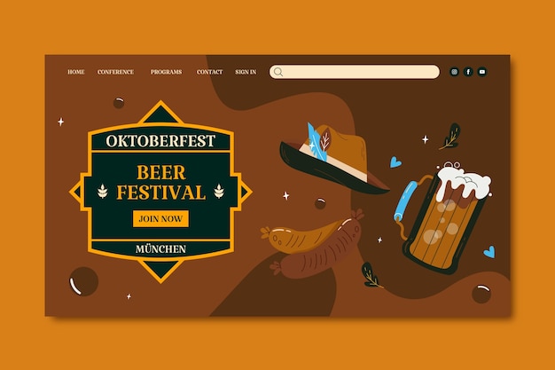 Gratis vector bestemmingspaginasjabloon voor oktoberfest bierfestivalviering