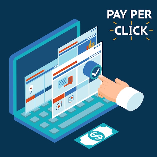 Gratis vector betaal per klik, infographics illustratie. raak met uw vinger het scherm van een laptop aan