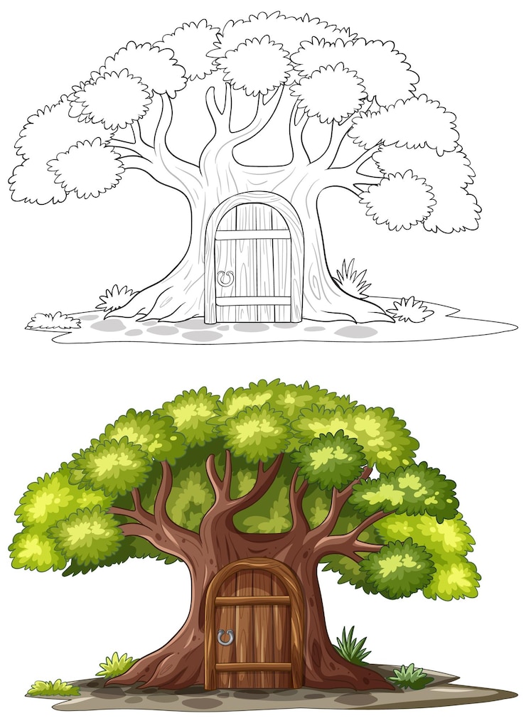 Gratis Vector betoverde boom met houten deur