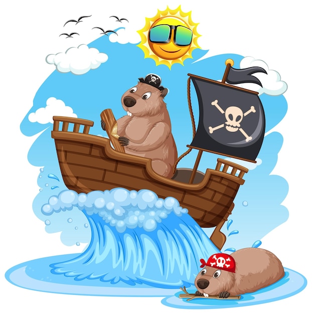 Gratis vector bevers op piratenschip met oceaangolf