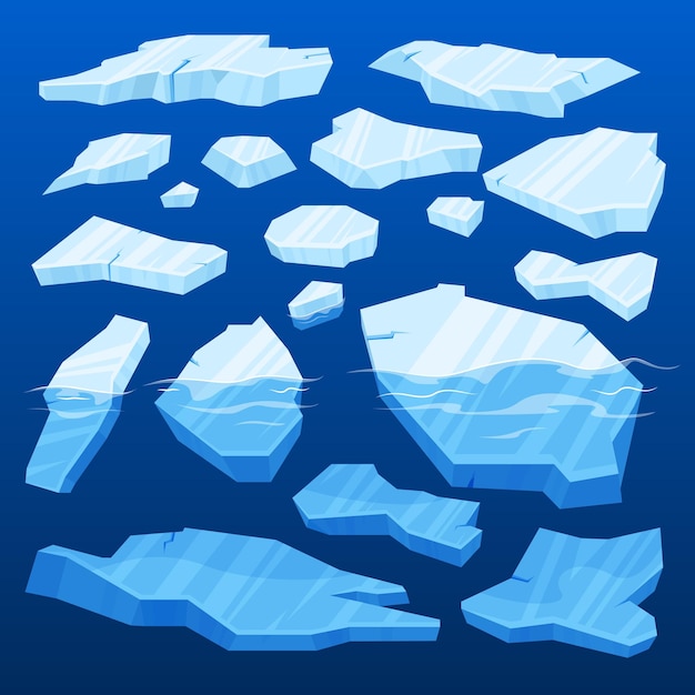 Gratis vector bevroren arctisch gebarsten ijs pictogrammenset verschillende grootte brokken ijs liggen boven en onder de watervectorillustratie