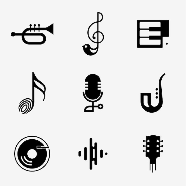 Bewerkbare platte muziek icon set in zwart-wit