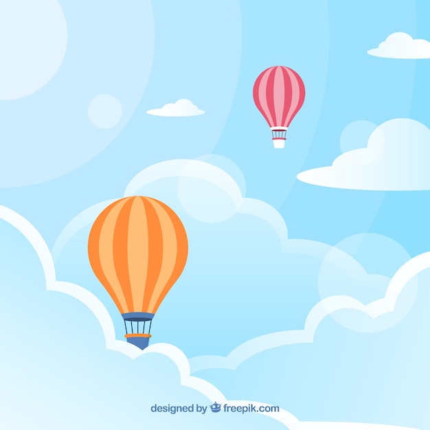 Gratis vector bewolkte hemelachtergrond met kleurrijke ballonnen vliegen