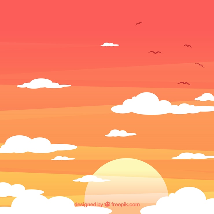 Gratis Vector bewolkte hemelachtergrond met zon en vogels in vlakke stijl