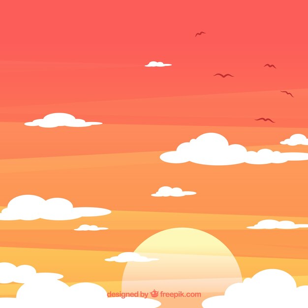 Bewolkte hemelachtergrond met zon en vogels in vlakke stijl