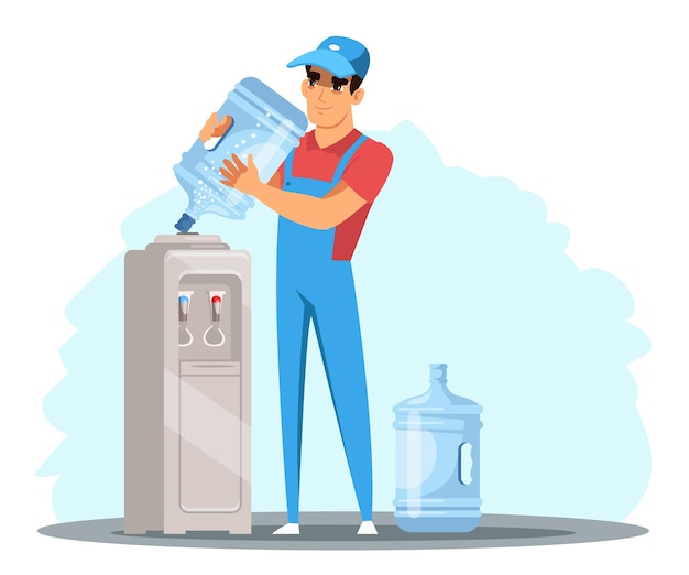 Gratis vector bezorger van gebotteld water in uniform staande in de buurt van koeler servicemedewerker verandert waterkoelerkan