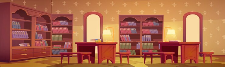 Gratis Vector bibliotheekinterieur, lege ruimte om te lezen met verschillende boekencollectie op houten boekenkastplanken