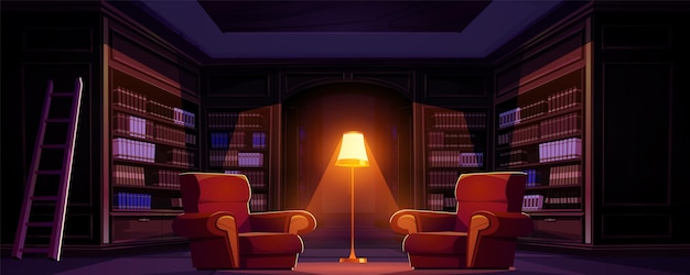 Gratis vector bibliotheekkamer met boek interieur cartoon achtergrond oude bibliothecaris boekenplank muur in hogeschool universiteit of 's nachts met gezellige fauteuil en lamplicht om te lezen in de openbare zaal literatuur op de universiteit