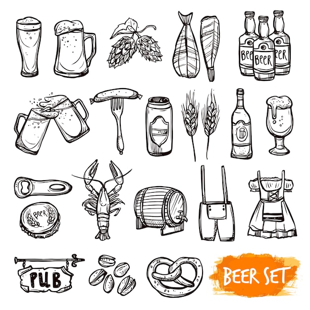 Bier zwarte doodle pictogrammen instellen