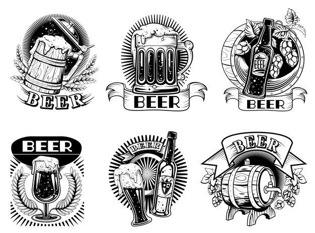 Bierpictogrammen of badges met schuimende alcoholische drank