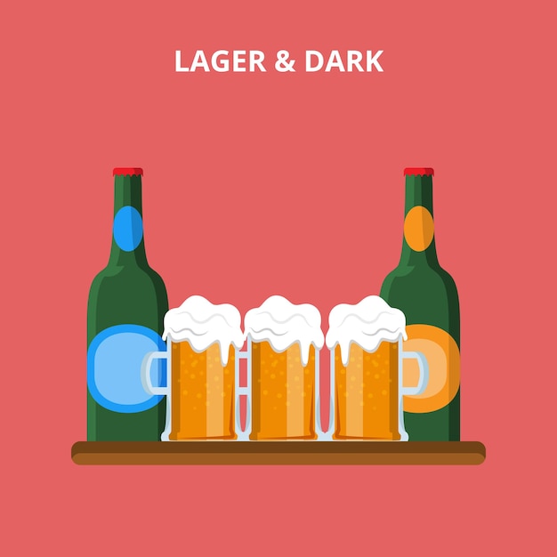 Biersoorten. Lager en donkere glazen fles concept website illustratie.