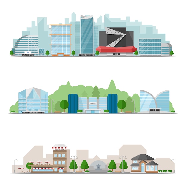 Big city skylines illustratie set Gratis Vector