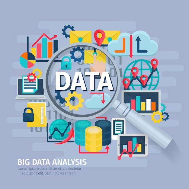 Gratis vector big data analytics plat pictogrammen samenstelling conceptuele posterontwerp met handlens vergrootglas