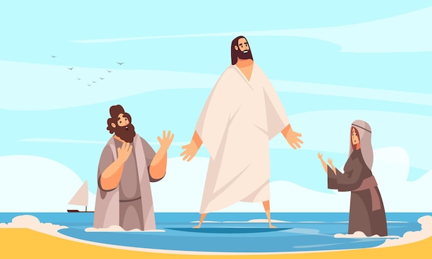 Gratis vector bijbelverhalen jezus watersamenstelling met doodle karakter van christus die op water loopt met biddende mensenillustratie