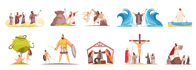Bijbelverhalenreeks geïsoleerde krabbelsamenstellingen met legendarische karakters en iconografische scènes op lege vectorillustratie als achtergrond