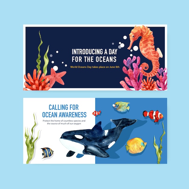 Billboard sjabloonontwerp voor world oceans day concept met zeedieren aquarel vector