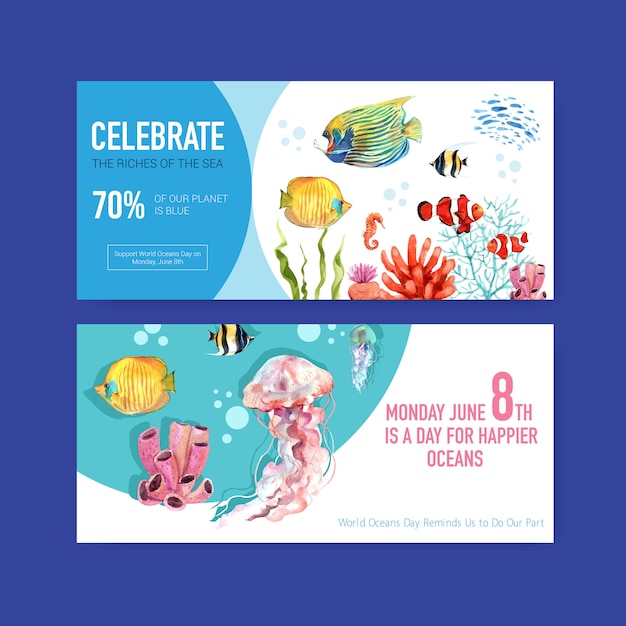 Billboard sjabloonontwerp voor world oceans day concept met zeedieren aquarel vector