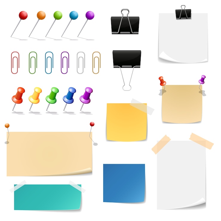Gratis Vector bindmiddelen voor paperclips, notitieblaadjes. herinnering en kantoorbenodigdheden, bevestigen en vastklemmen