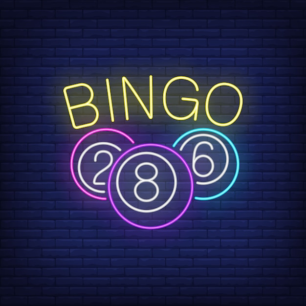 Bingo neon belettering en ballen met cijfers.