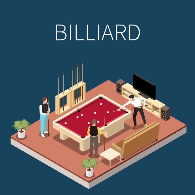 Binnen- en tafelspellen isometrisch concept met mannen die biljart vectorillustratie spelen