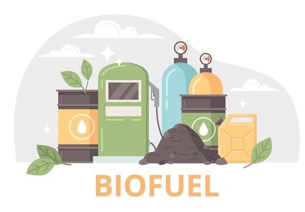 Biobrandstoftypes platte achtergrond die verschillende groene energieproducten aanbiedt, zoals ethanol biogas biodiesel biocoal vectorillustratie