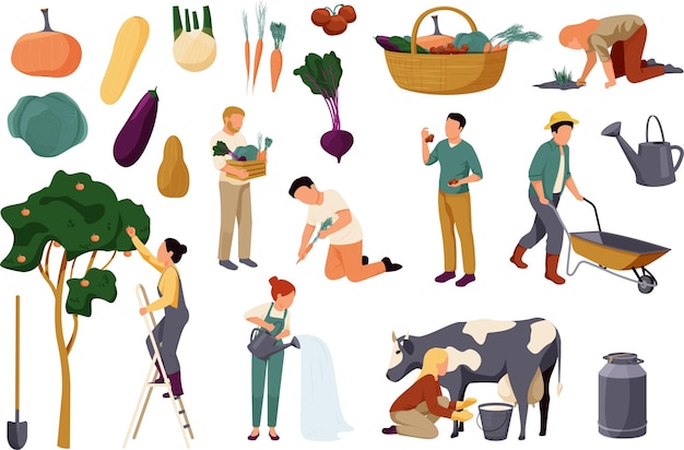Biologische boerderij set met platte geïsoleerde pictogrammen en afbeeldingen van groenten, fruit en karakters van arbeiders vectorillustratie