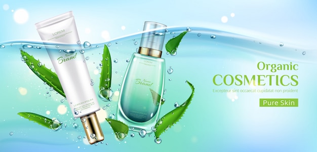 Biologische cosmetica productbuizen advertentiebanner, natuurlijke eco cosmetische flessen, pure huidverzorgingscrème en serum.